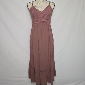 Blush Dusty Rose Boho Crochet Maxi Dress - Medium